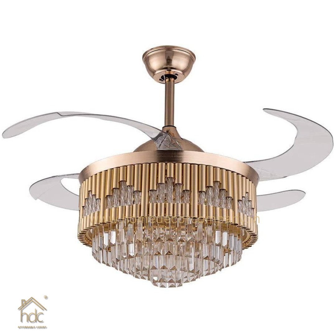 HDC Crystal Ceiling Fans with Lights Retractable Blades Remote Control Modern Luxury LED Chandelier Fan 3 Speeds 3 Color Changes Lighting Fixtures