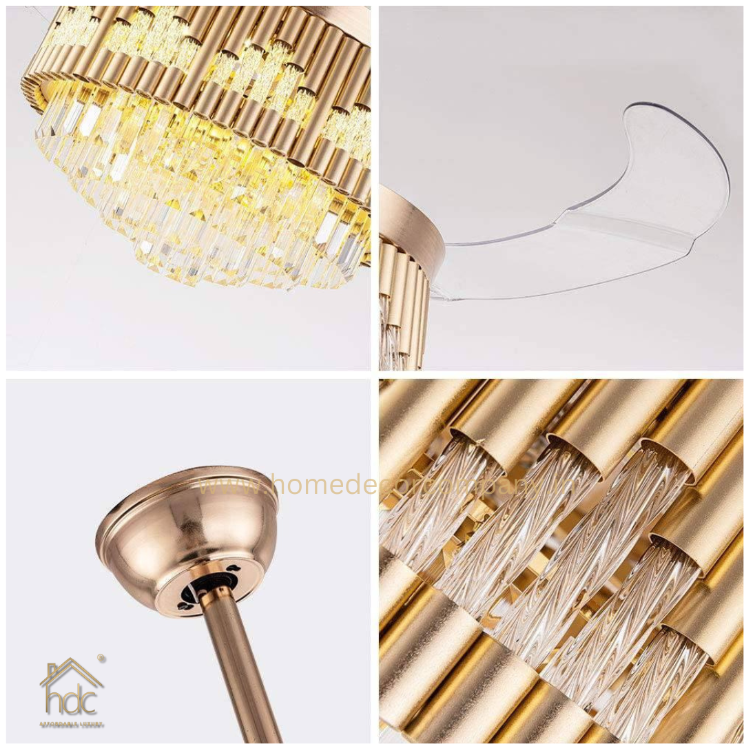 HDC Crystal Ceiling Fans with Lights Retractable Blades Remote Control Modern Luxury LED Chandelier Fan 3 Speeds 3 Color Changes Lighting Fixtures