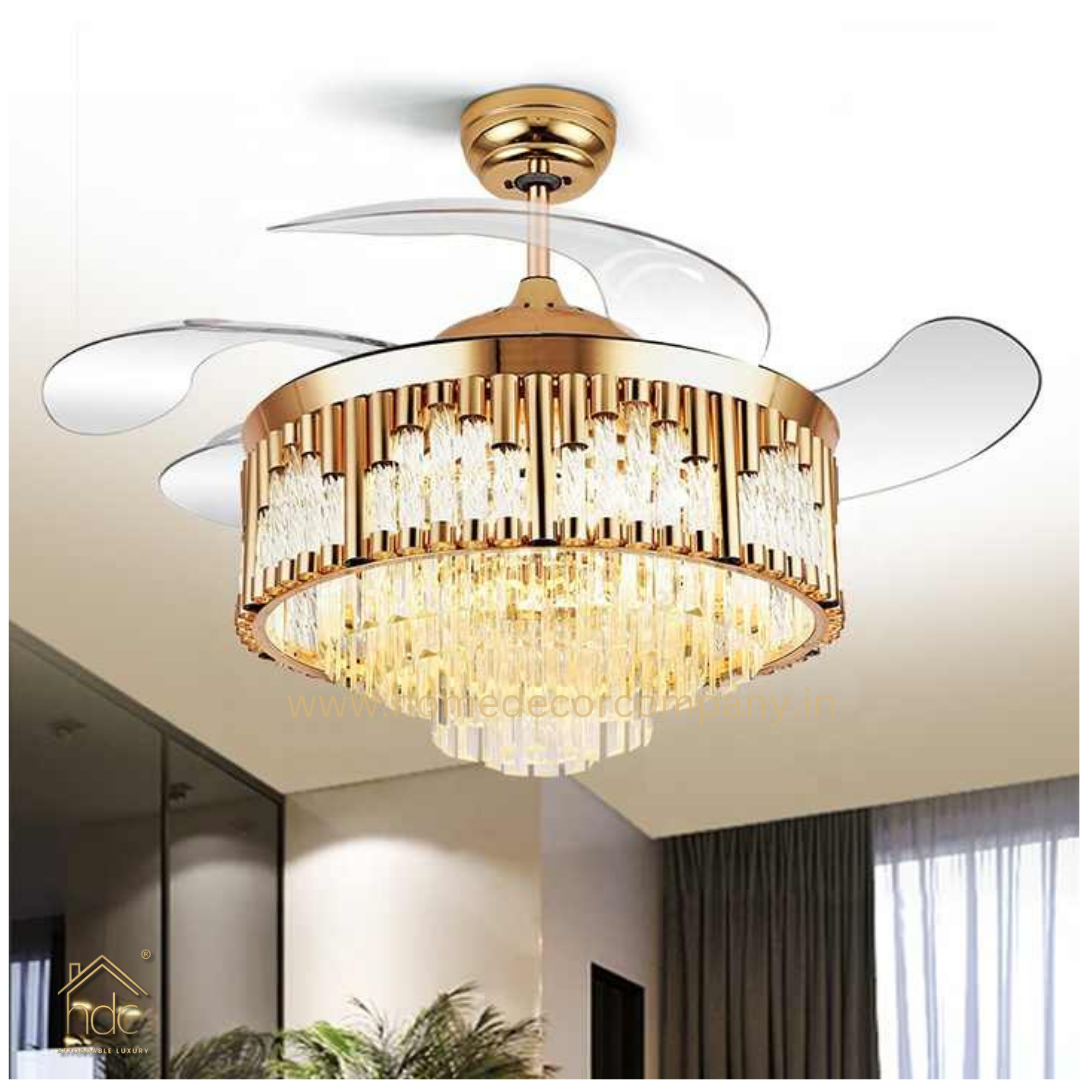 HDC Crystal Ceiling Fans with Lights Retractable Blades Remote Control Modern Luxury LED Chandelier Fan 3 Speeds 3 Color Changes Lighting Fixtures