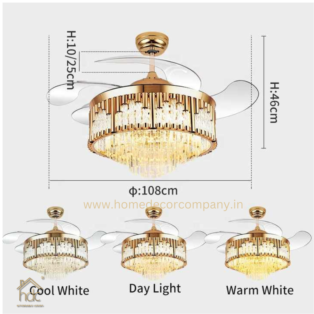 HDC Crystal Ceiling Fans with Lights Retractable Blades Remote Control Modern Luxury LED Chandelier Fan 3 Speeds 3 Color Changes Lighting Fixtures
