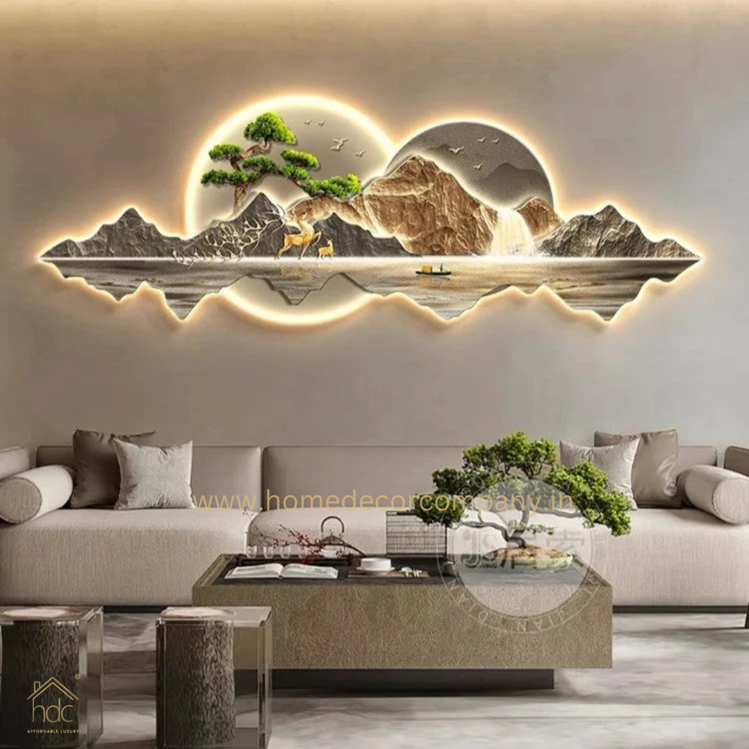 Hdc Modern Light Luxury Pine Tree Elk Landscape Crystal Porcelain Modern Glass Wall Painting with Led Home Decor for Living Room
