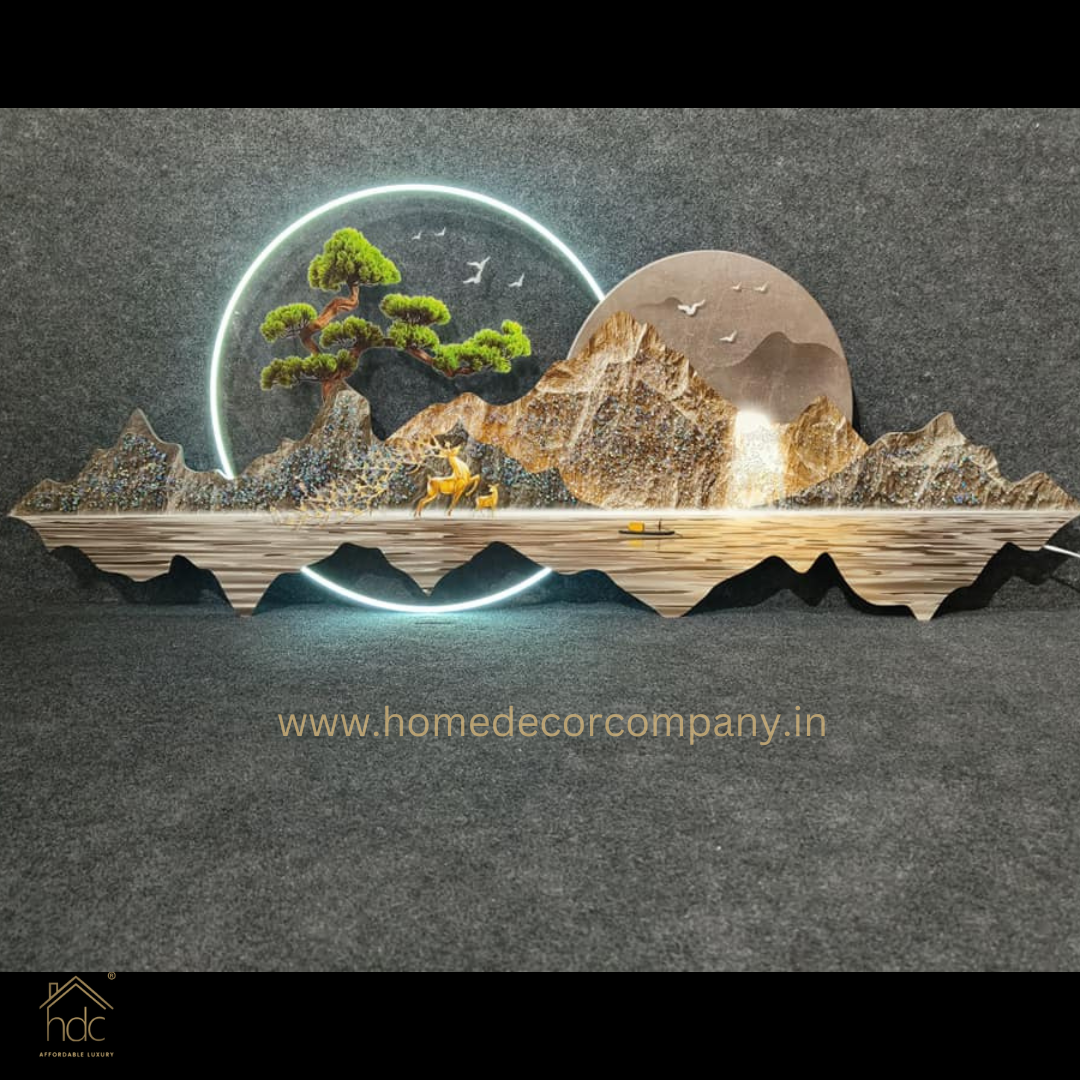 Hdc Modern Light Luxury Pine Tree Elk Landscape Crystal Porcelain Modern Glass Wall Painting with Led Home Decor for Living Room