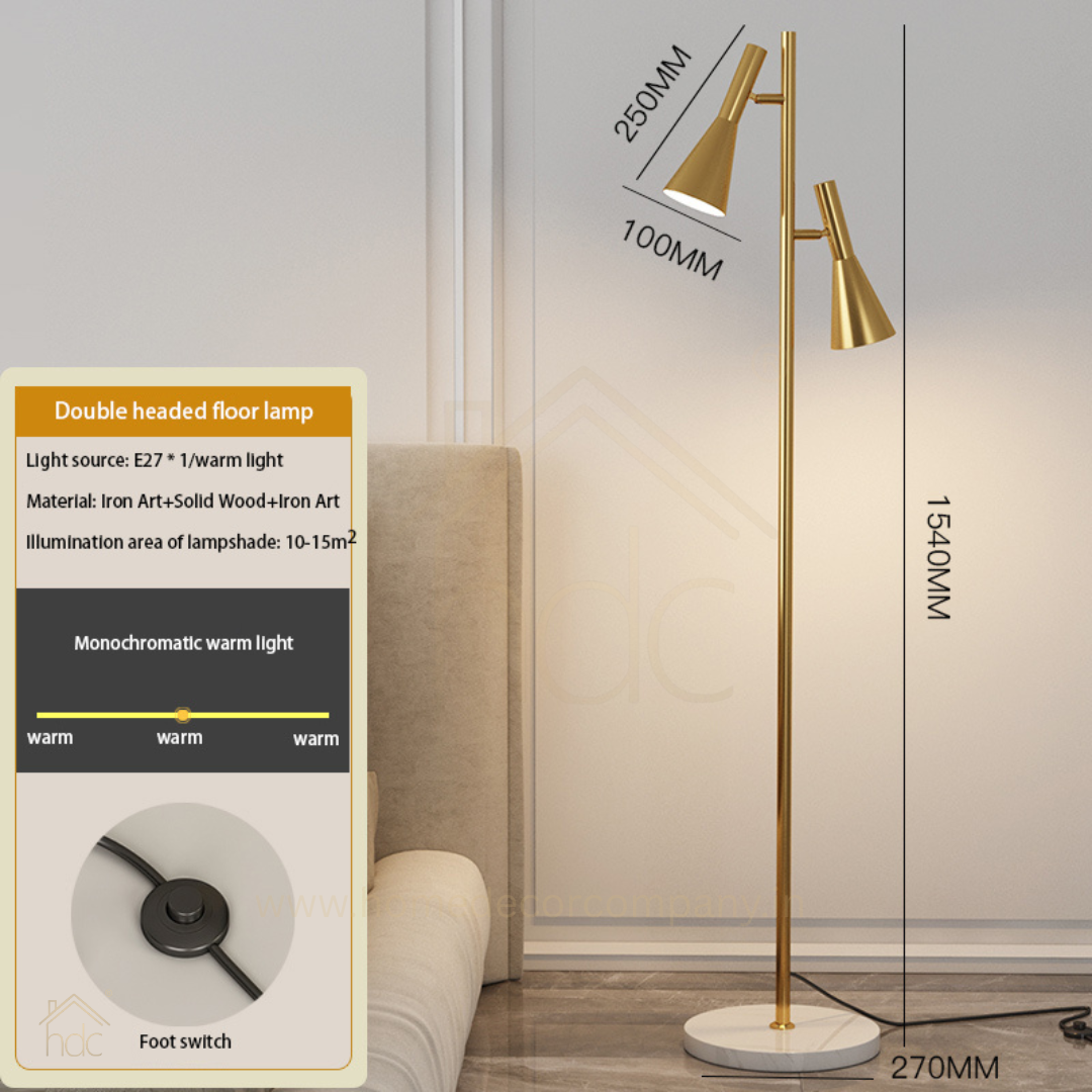 Hdc Luxury Twin-Head Brass Floor Lamp with Marble Base  Modern Designer Standing Lamp for Living Room & Bedroom