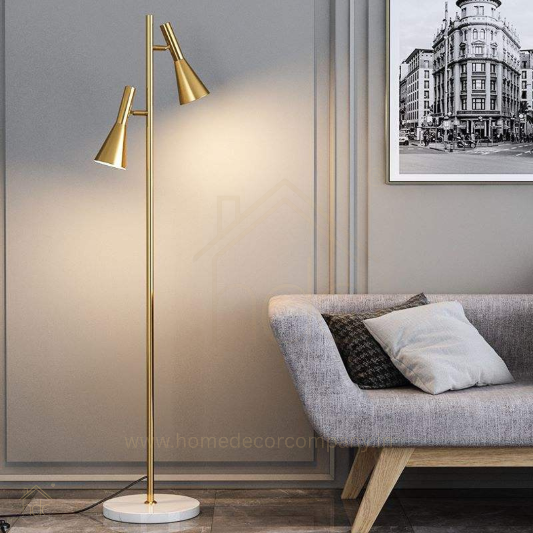 Hdc Luxury Twin-Head Brass Floor Lamp with Marble Base  Modern Designer Standing Lamp for Living Room & Bedroom
