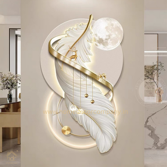 Hdc Modern Light Luxury Twisted Feather Landscape Crystal Porcelain Modern Glass Wall Painting with Led Home Decor for Living Room