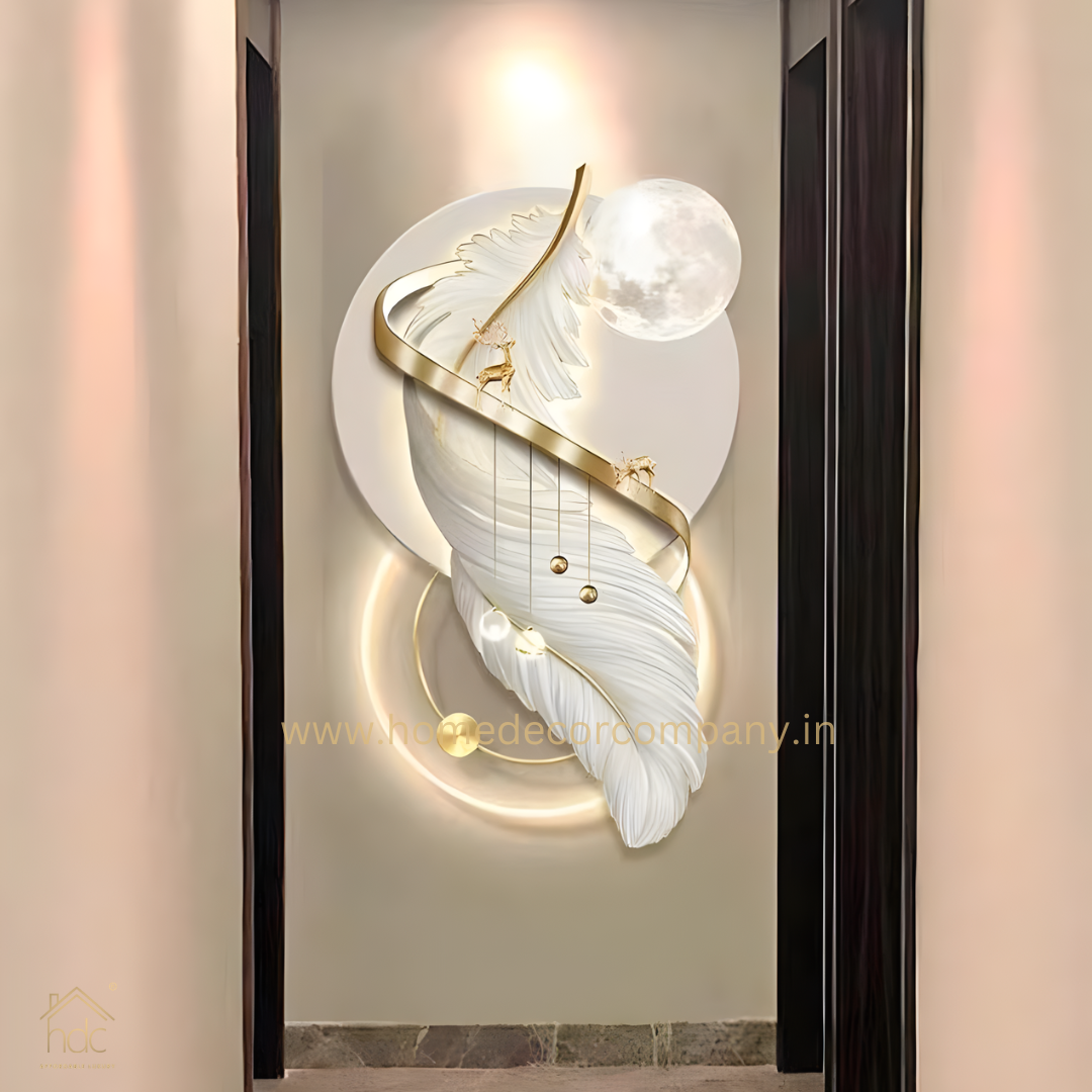 Hdc Modern Light Luxury Twisted Feather Landscape Crystal Porcelain Modern Glass Wall Painting with Led Home Decor for Living Room