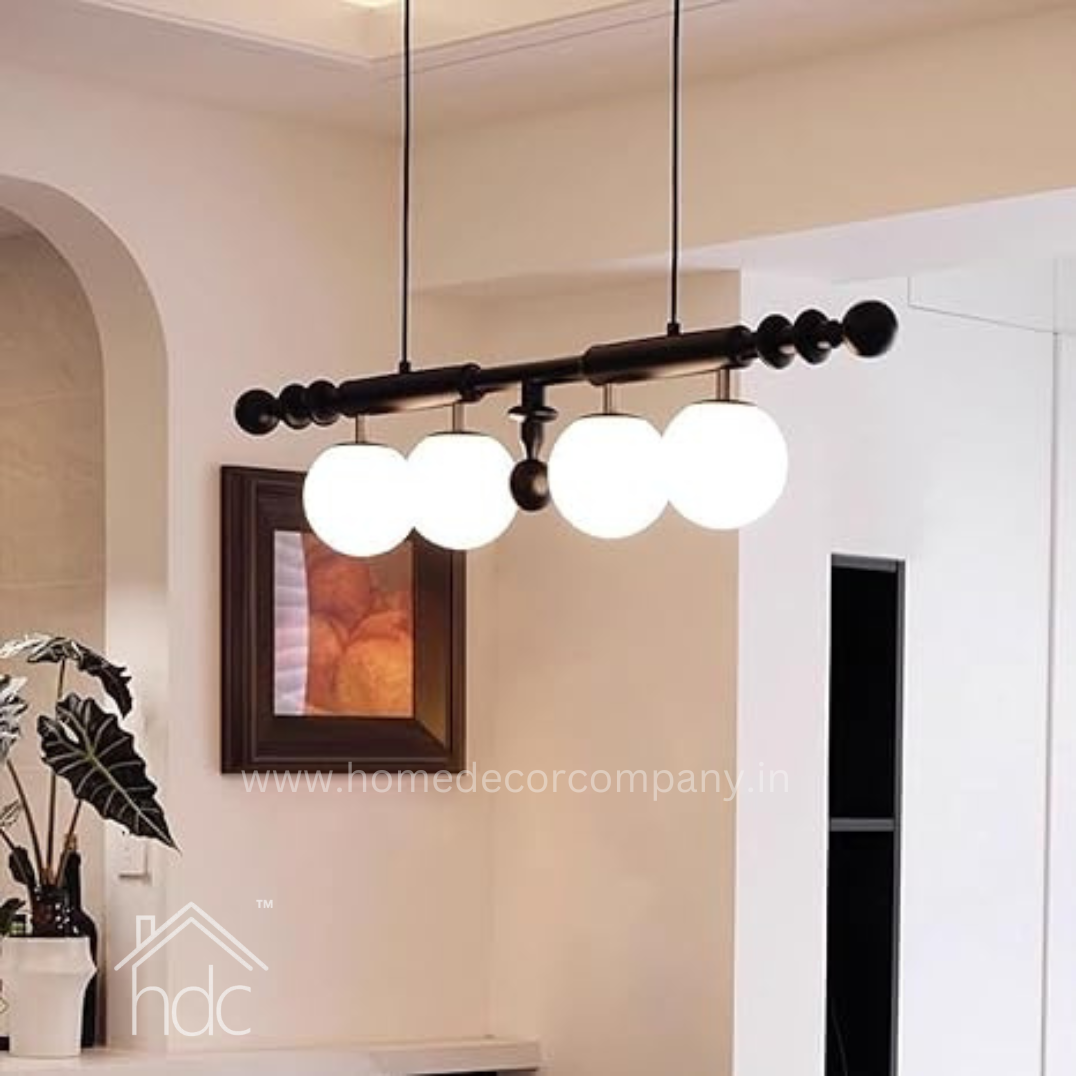 Hdc Mid Century Modern Wood Chandelier Adjustable Height Linear Chandelier Light White Glass Globe for Dining Room Kitchen Island (Black)
