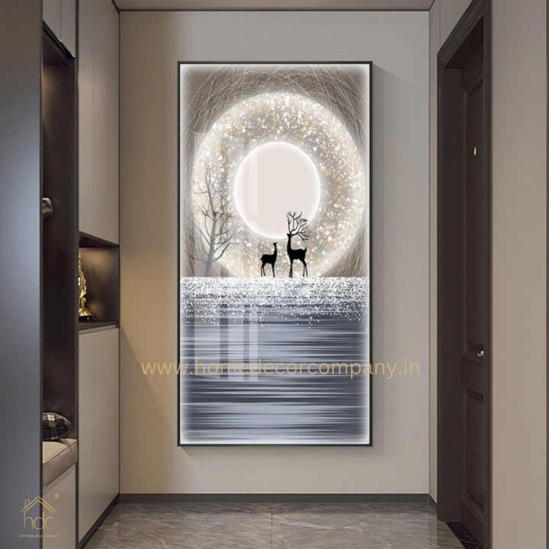 Hdc Custom Frame Home Decor HD Printed Canvas Of Swamp Deer with Moon LED Lights Luxury Modern Art Crystal Porcelain Led Wall Painting (24*48 IN)