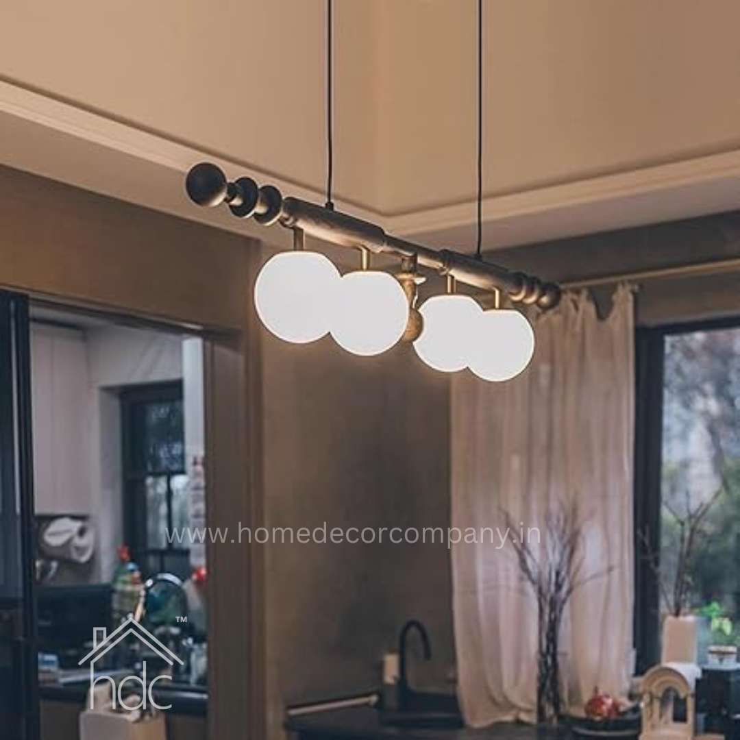 Hdc Mid Century Modern Wood Chandelier Adjustable Height Linear Chandelier Light White Glass Globe for Dining Room Kitchen Island (Black)