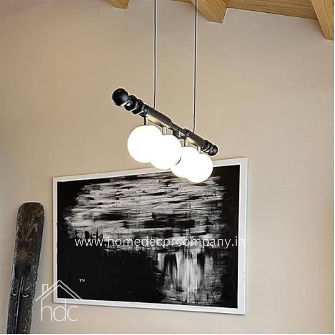 Hdc Mid Century Modern Wood Chandelier Adjustable Height Linear Chandelier Light White Glass Globe for Dining Room Kitchen Island (Black)