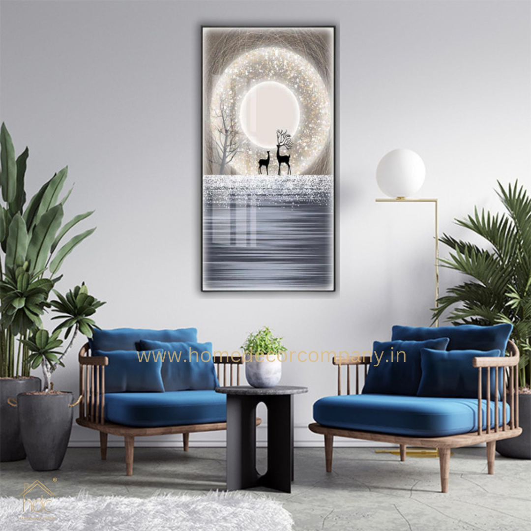 Hdc Custom Frame Home Decor HD Printed Canvas Of Swamp Deer with Moon LED Lights Luxury Modern Art Crystal Porcelain Led Wall Painting (24*48 IN)
