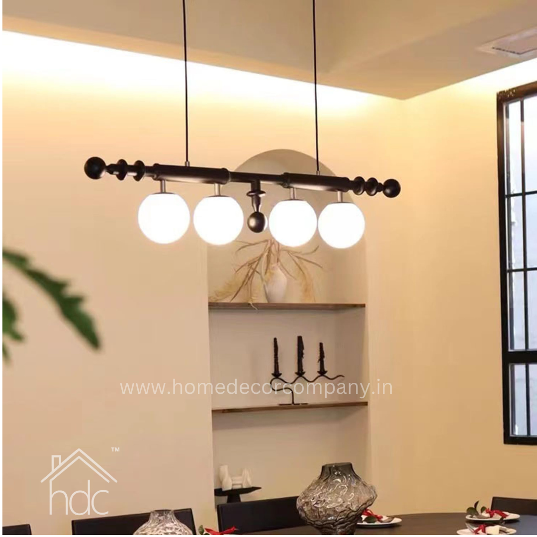 Hdc Mid Century Modern Wood Chandelier Adjustable Height Linear Chandelier Light White Glass Globe for Dining Room Kitchen Island (Black)