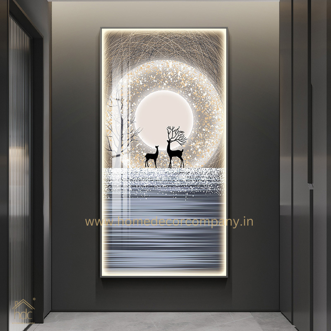 Hdc Custom Frame Home Decor HD Printed Canvas Of Swamp Deer with Moon LED Lights Luxury Modern Art Crystal Porcelain Led Wall Painting (24*48 IN)