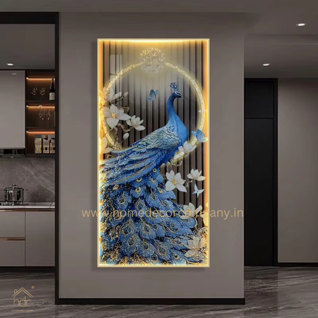 Hdc  Modern Aestheticism Home Decor HD Printed Canvas Of Peacock LED Lights Luxury Modern Art Crystal Porcelain Led Wall Painting (24*48 IN)