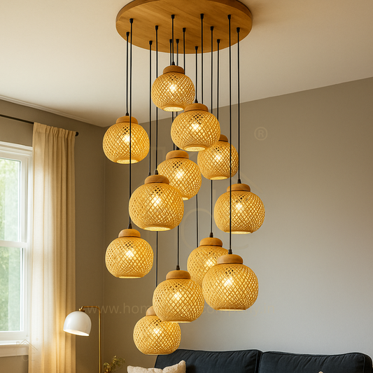 HDC E27 Wooden Pendant Light with Wooden Lampshade and Pumpkin Shape Height Adjustable Middle Size Ceiling Chandelier