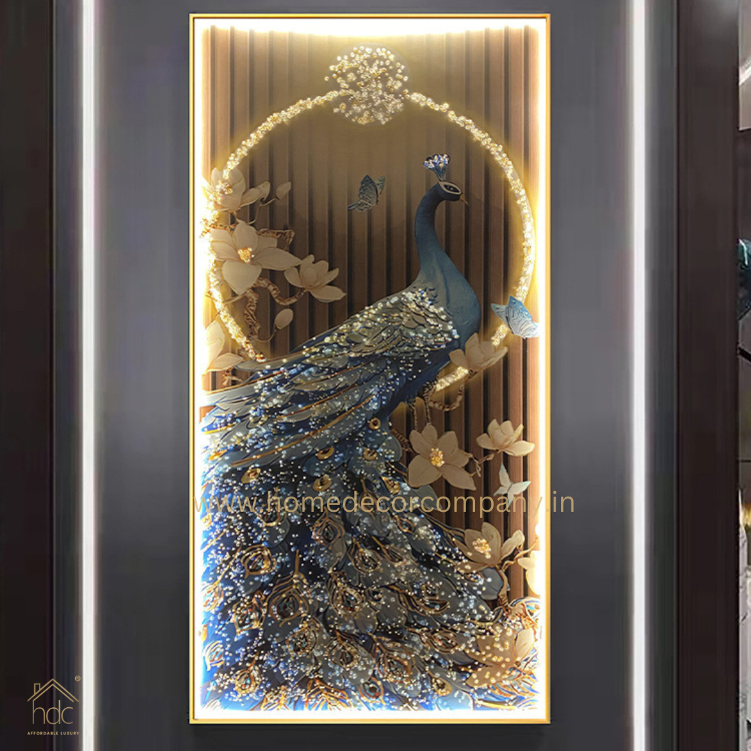 Hdc  Modern Aestheticism Home Decor HD Printed Canvas Of Peacock LED Lights Luxury Modern Art Crystal Porcelain Led Wall Painting (24*48 IN)