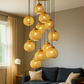 HDC E27 Wooden Pendant Light with Wooden Lampshade and Pumpkin Shape Height Adjustable Middle Size Ceiling Chandelier
