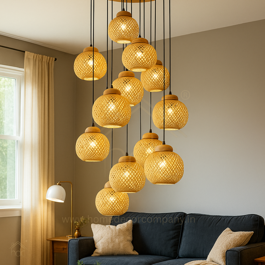 HDC E27 Wooden Pendant Light with Wooden Lampshade and Pumpkin Shape Height Adjustable Middle Size Ceiling Chandelier