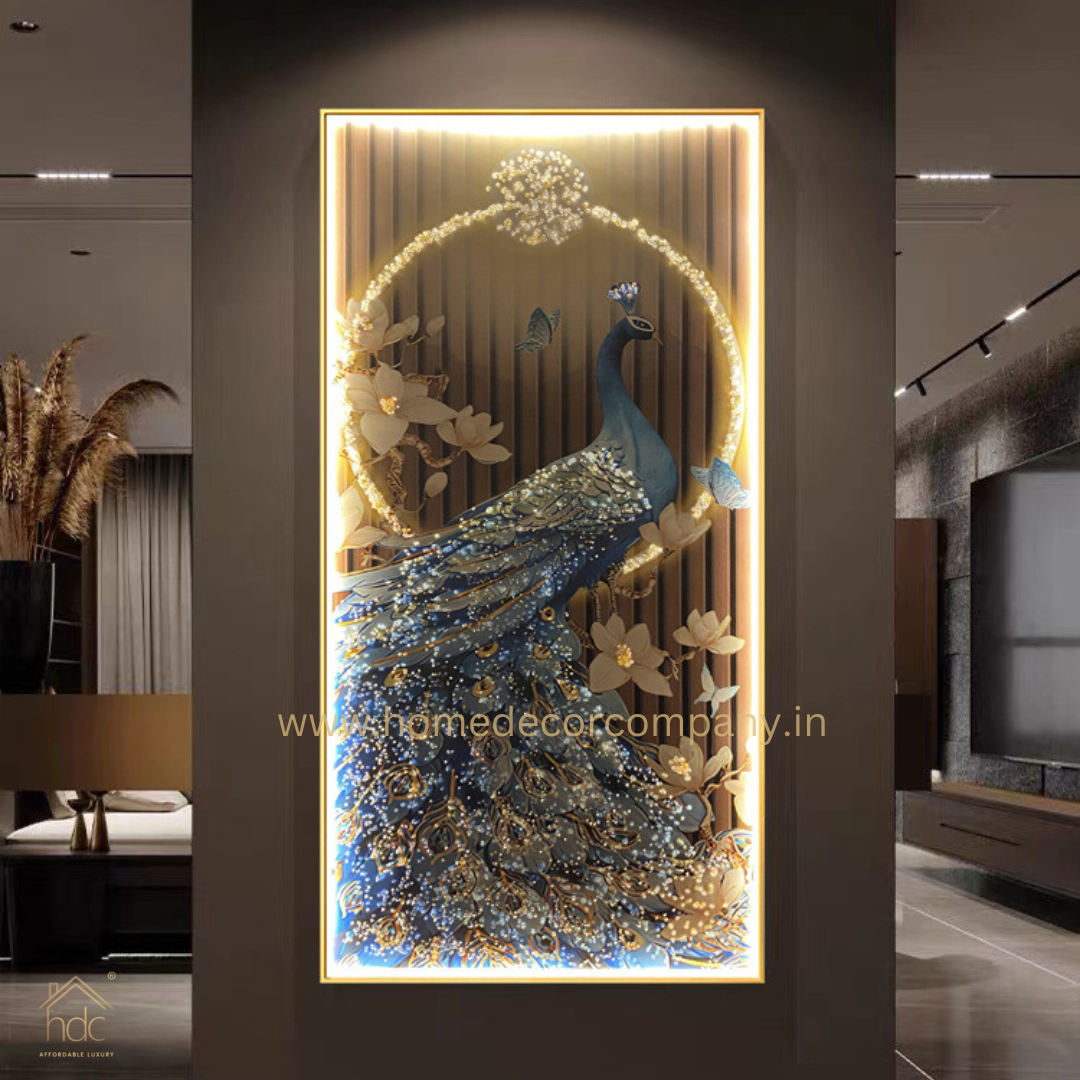 Hdc  Modern Aestheticism Home Decor HD Printed Canvas Of Peacock LED Lights Luxury Modern Art Crystal Porcelain Led Wall Painting (24*48 IN)