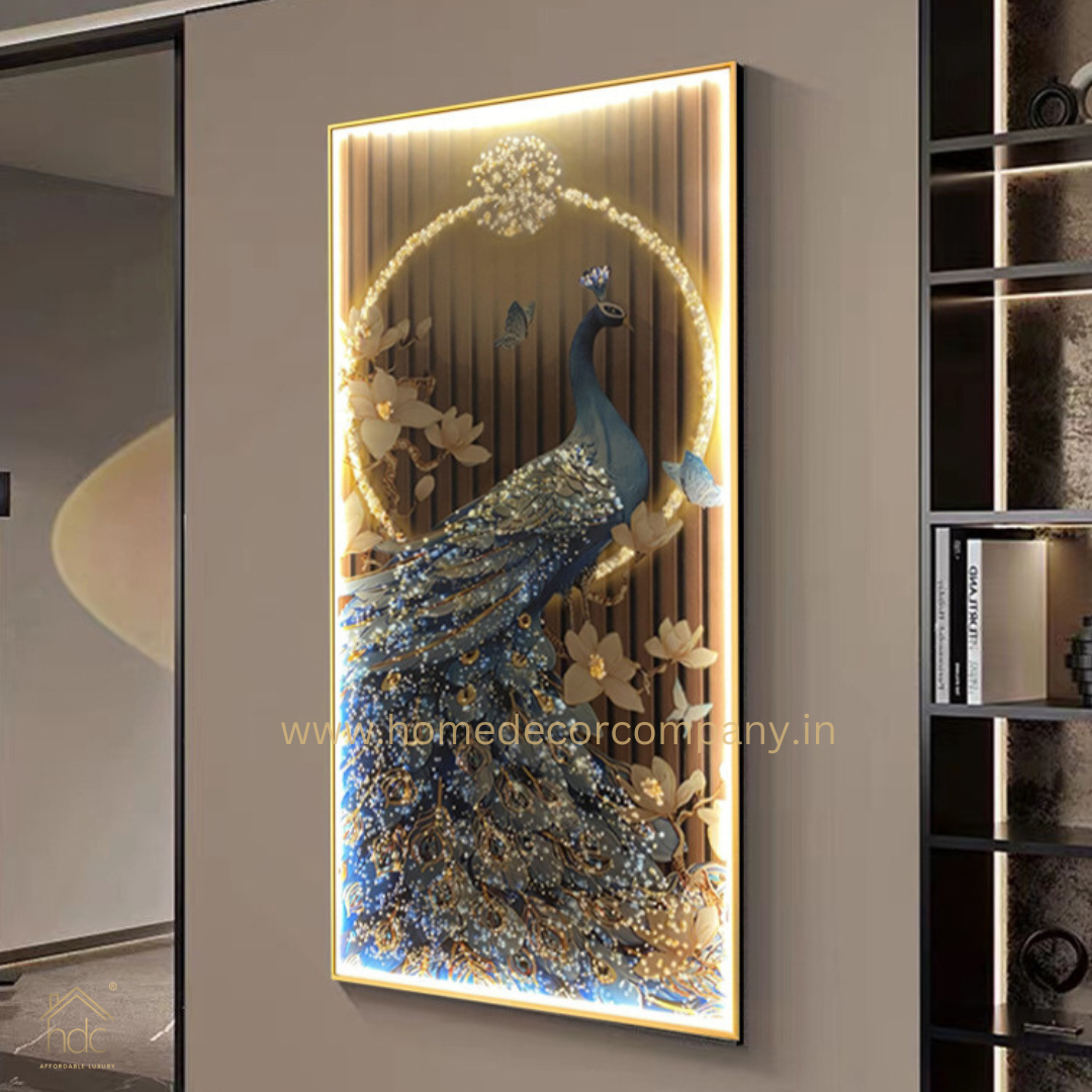 Hdc  Modern Aestheticism Home Decor HD Printed Canvas Of Peacock LED Lights Luxury Modern Art Crystal Porcelain Led Wall Painting (24*48 IN)