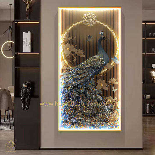 Hdc  Modern Aestheticism Home Decor HD Printed Canvas Of Peacock LED Lights Luxury Modern Art Crystal Porcelain Led Wall Painting (24*48 IN)
