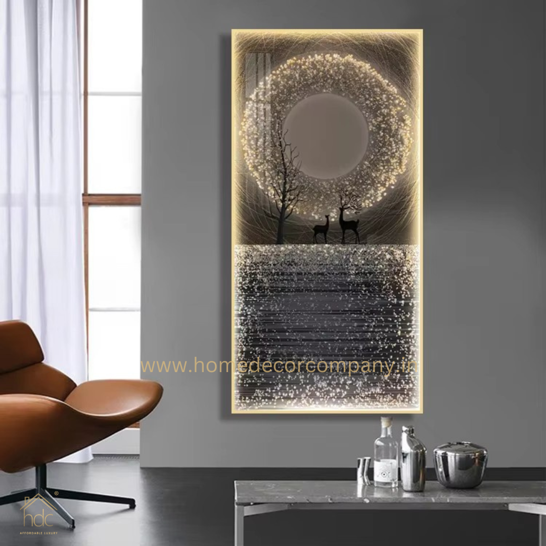 Hdc Custom Frame Home Decor HD Printed Canvas Of Swamp Deer with Moon LED Lights Luxury Modern Art Crystal Porcelain Led Wall Painting (24*48 IN)