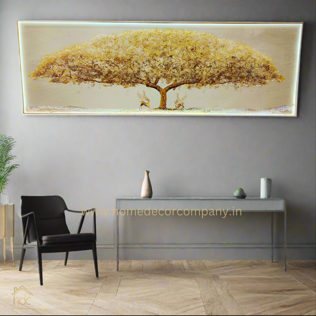 Hdc Modern Aestheticism Minimalist Elk Decoration Yellow Tree With Two Swamp Deer Landscape Mural Forest Wall Hanging Crystal Custom Led Painting Posters for Wall Paintings With Led Light (24*72 IN)
