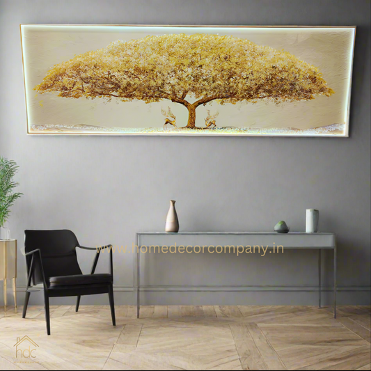 Hdc Modern Aestheticism Minimalist Elk Decoration Yellow Tree With Two Swamp Deer Landscape Mural Forest Wall Hanging Crystal Custom Led Painting Posters for Wall Paintings With Led Light (24*72 IN)