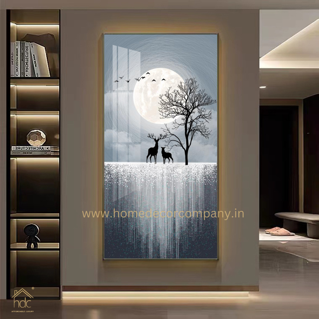 Hdc Modern Art Wall Painting Of Two Swamp Deer Standing in Flowing River And Birds Are Flying Living Room Art Large Mural Crystal Porcelain Painting
