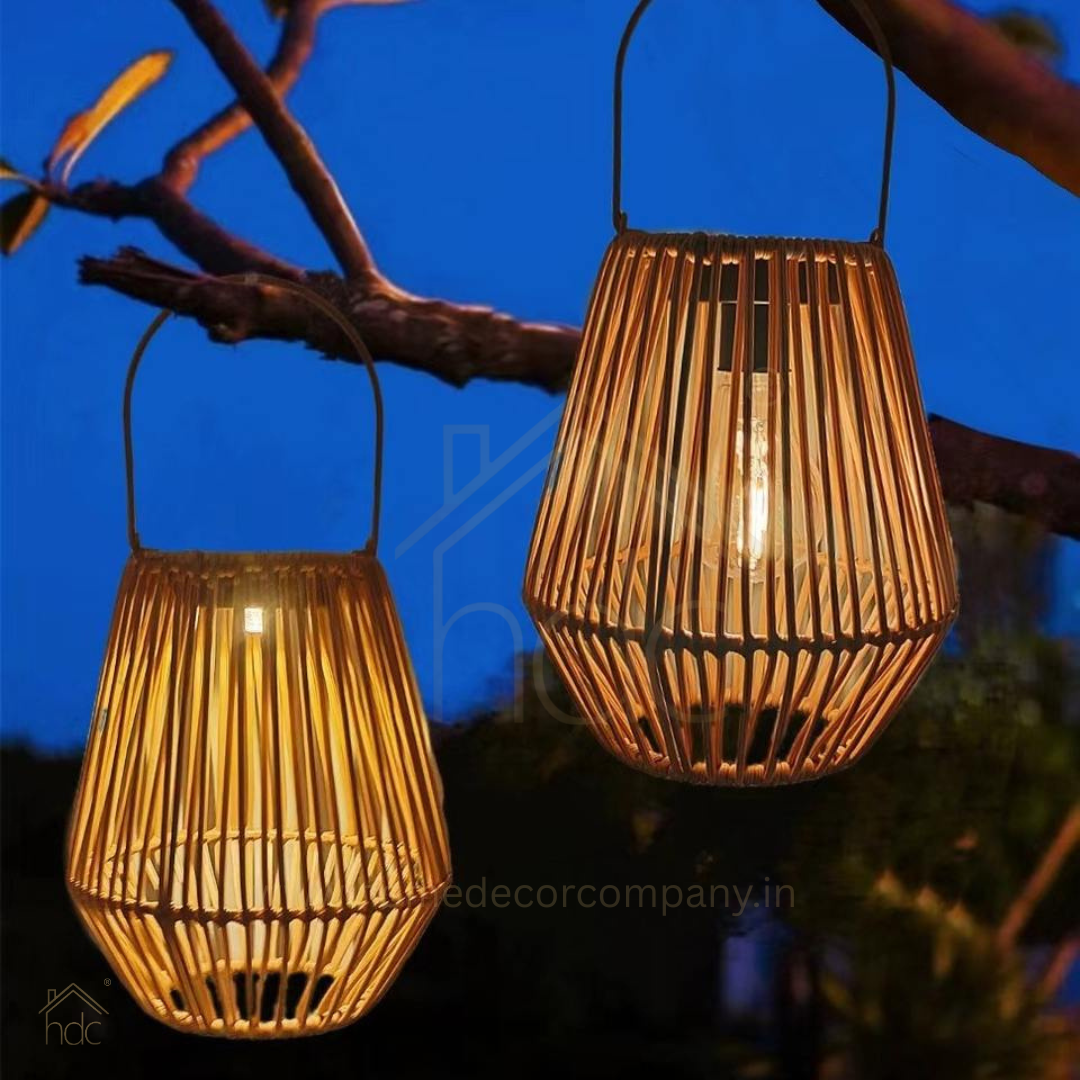 Hdc BohoGlow Bamboo Hanging Lantern  Handwoven Rattan Pendant Light with Warm Ambient Bulb – Rustic Décor for Balcony, Garden, or Indoors